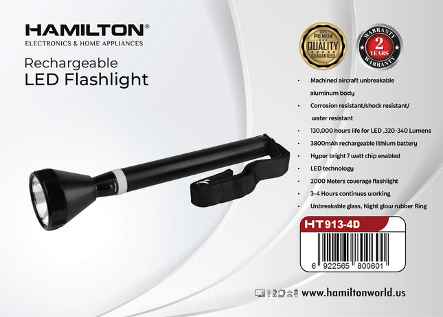 Hamilton Rechargeable LED Flashlight HT913-4D | Al Shabib Qatar - Hamilton Qatar | Al Shabib