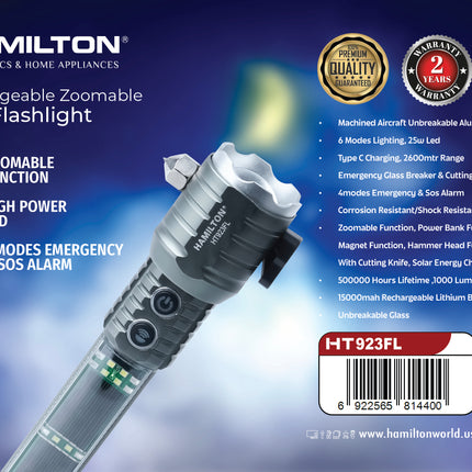 Hamilton Rechargeable Zoomable LED Flashlight HT923FL | Al Shabib Qatar - Hamilton Qatar | Al Shabib