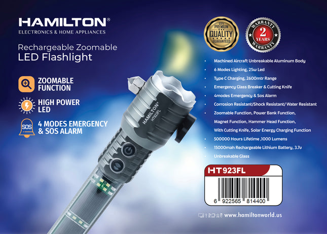 Hamilton Rechargeable Zoomable LED Flashlight HT923FL | Al Shabib Qatar - Hamilton Qatar | Al Shabib
