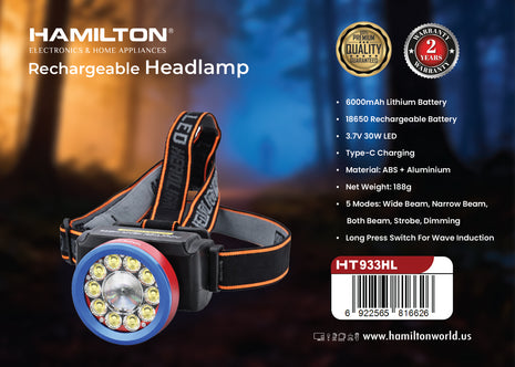 Hamilton Rechargeable LED Head Lamp 30W 6000mAh 5 Modes Wave Induction HT933HL | الشبيب قطر