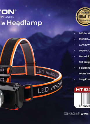 مصباح رأس LED قابل لإعادة الشحن من هاميلتون 20 وات 6000 مللي أمبير 5 أوضاع تحريض بالموجات HT934HL | الشبيب قطر