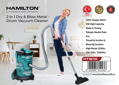 Hamilton Vacuum Cleaner 2 in 1 Dry & Blow Metal Drum HT981VC | Al Shabib Qatar - Hamilton Qatar | Al Shabib