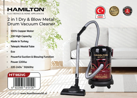 Hamilton Vacuum Cleaner Dry & Blow Metal Drum 2 in 1 2200W HT982VC | Al Shabib Qatar