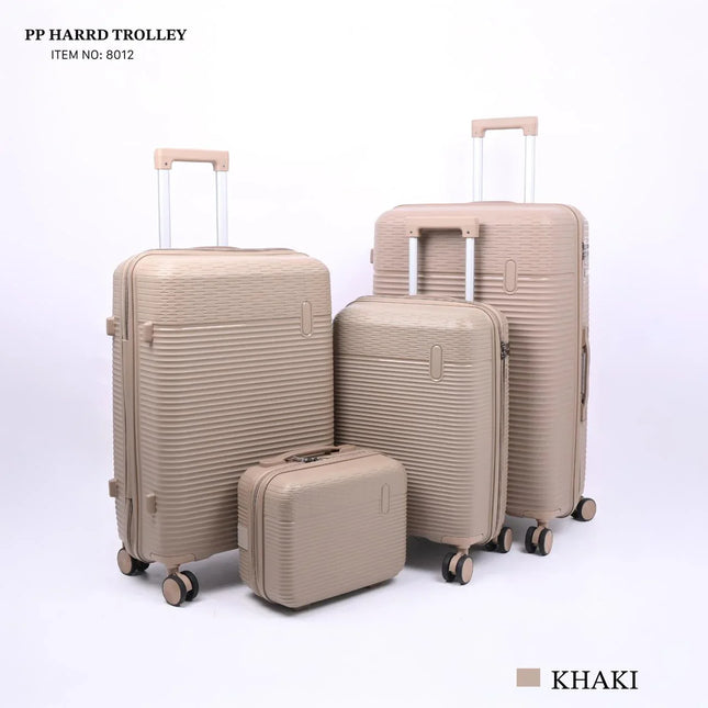 Set of four khaki hard shell trolley suitcases with wheels and telescopic handles.