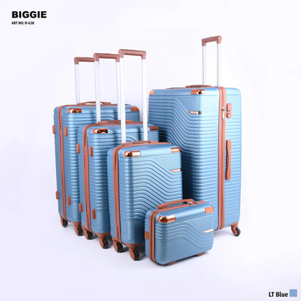 Set of five light blue hard-shell suitcases with brown accents and wheels
