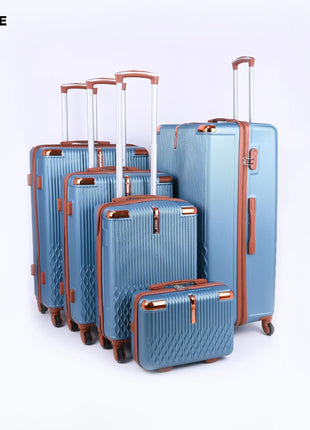 Set of five light blue hard shell suitcases with brown trim and telescopic handles
