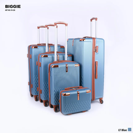Set of five light blue hard shell suitcases with brown trim and telescopic handles