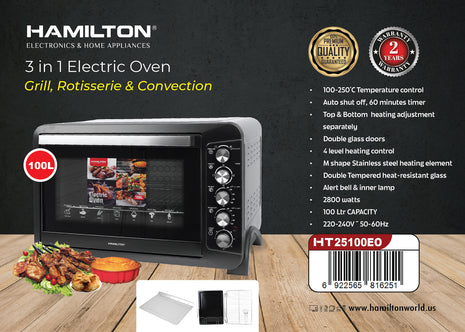 Hamilton 100L Electric Oven with Grill Rotisserie & Double Glass HT25100EO