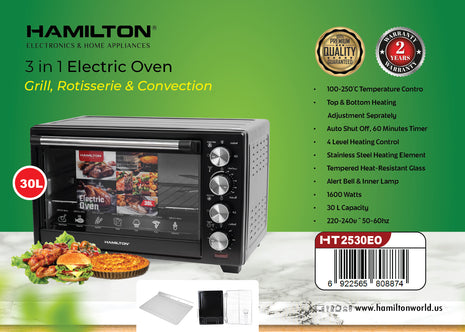 Hamilton Electric Oven 3 in 1 1600W 30L Grill Rotisserie Convection HT2530EO | Al Shabib Qatar