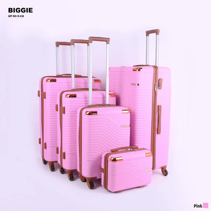Set of five pink hard-shell suitcases with wheels and brown handles on light background