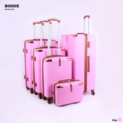 Set of five pink hard-shell suitcases with brown accents and telescopic handles on white background.