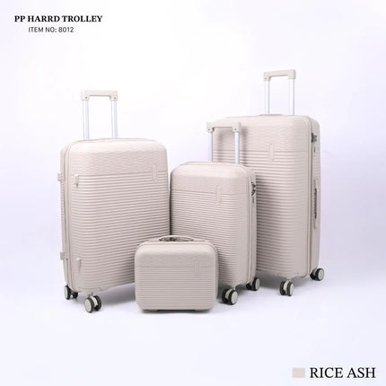 Set of four rice ash hard shell trolley suitcases with wheels and retractable handles