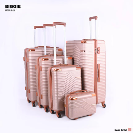 Set of five rose gold hard shell suitcases with telescopic handles and spinner wheels