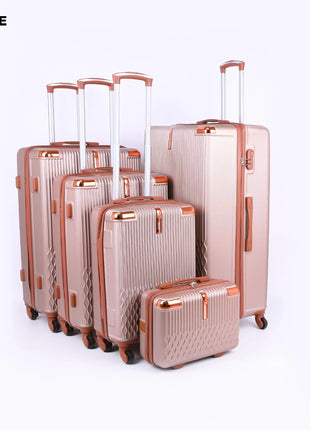 Rose gold hard shell luggage set with telescopic handles and wheels, five pieces displayed