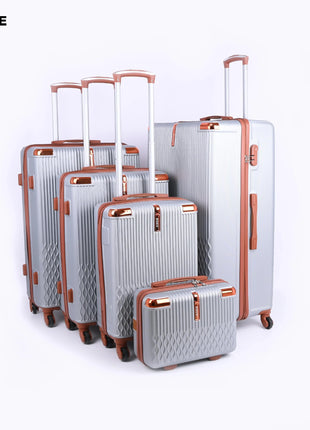 Set of five silver hard-shell suitcases with brown trim and telescopic handles on a white background.
