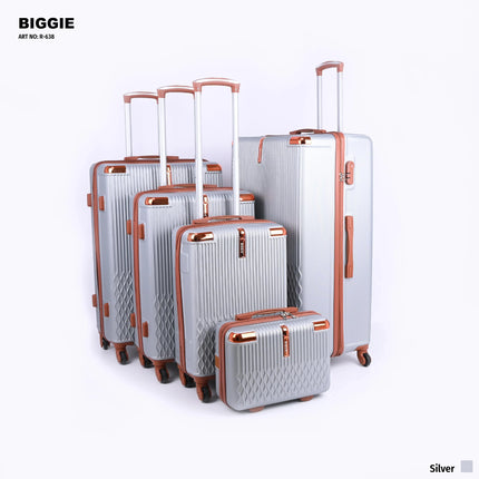 Set of five silver hard-shell suitcases with brown trim and telescopic handles on a white background.