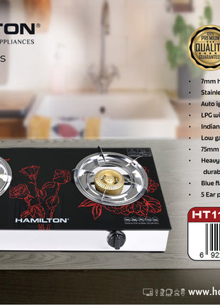 Hamilton Gas Stove 2 Burner 7mm Glass SS Frame Auto-Ignition HT1111GC | Al Shabib Qatar