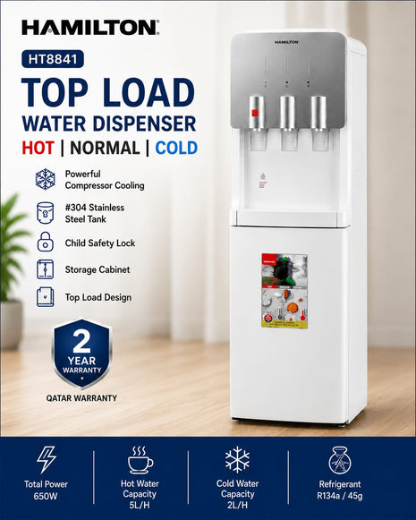 Hamilton Top Load Water Dispenser 650W Compressor Cooling SS Tank Child Lock HT8841 | Al Shabib Qatar