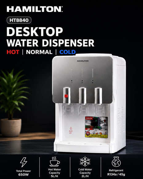 Hamilton desktop water dispenser with three water flow options on a dark background