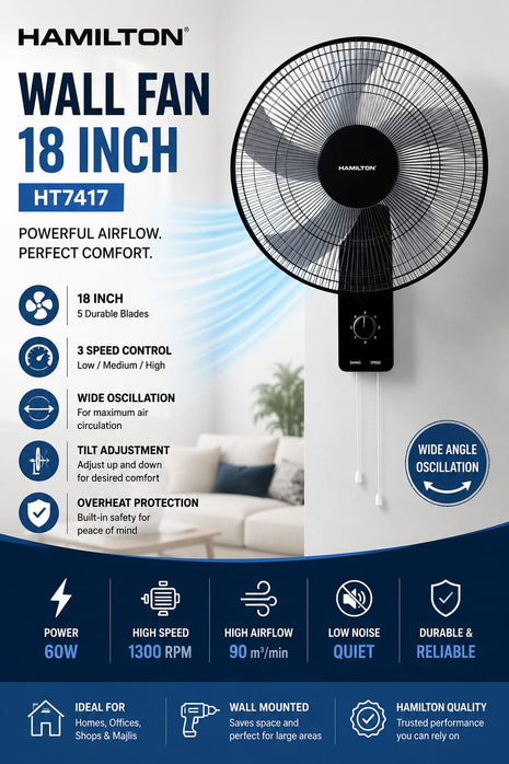 Hamilton 18-inch wall fan with features and specifications on a white background