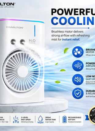 Hamilton air cooler with features highlighted on a white background