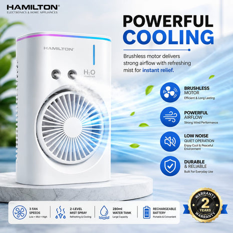 Hamilton air cooler with features highlighted on a white background