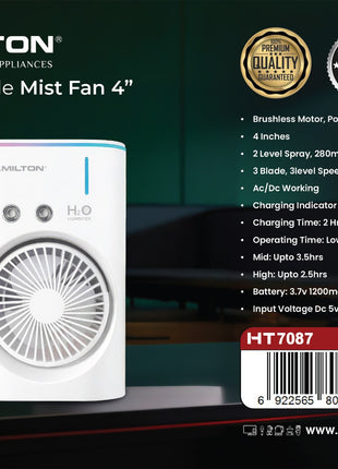 Hamilton rechargeable mist fan 4" with product details on a dark background