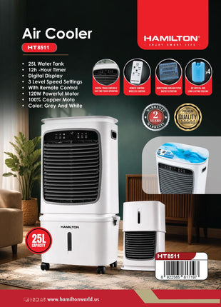 Hamilton air cooler with features and specifications on a promotional poster.