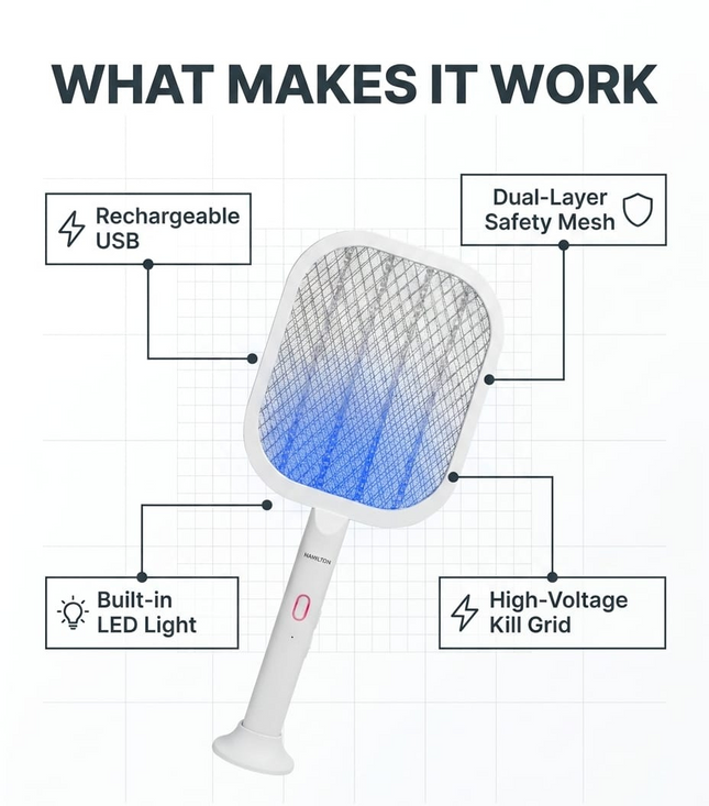 Hamilton fly swatter with features highlighted on a white background