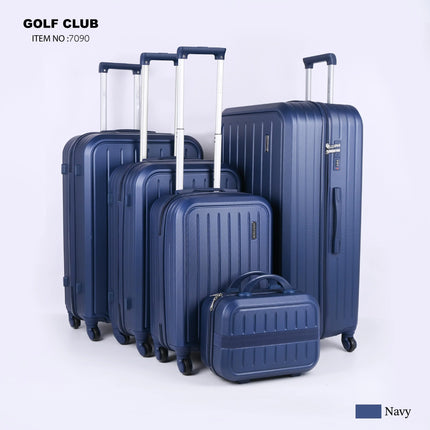 Set of five navy blue hard shell suitcases with wheels and telescopic handles, travel luggage.