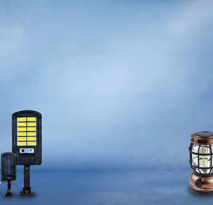 hamilton Set of solar-powered lamps on a blue background
