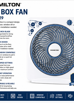 Hamilton 12" Box Fan HT7429 packaging with features listed on a white background