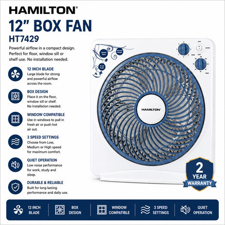 Hamilton 12" Box Fan HT7429 packaging with features listed on a white background