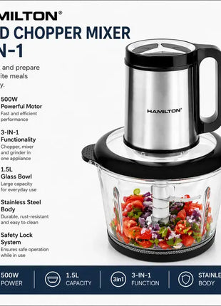 Hamilton 3-in-1 Food Chopper & Mixer with SS Blade HT3815CH