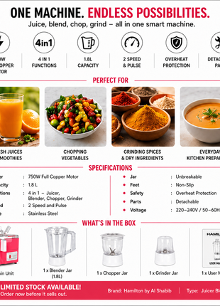 Hamilton Juicer Blender Chopper & Grinder 4 in 1 750W 1.8L HT3380 | Al Shabib Qatar