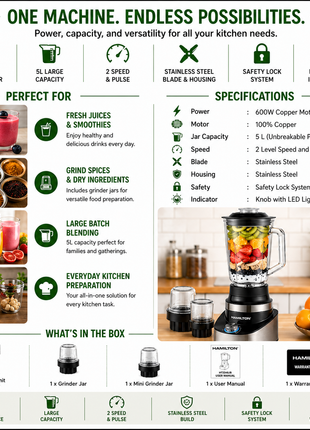 Hamilton Juicer Blender & Grinder 600W 5L  Copper Motor HT3348JB | Al Shabib Qatar