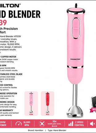 Hamilton Hand Blender 250W 16000RPM 2-Speed Low Noise HT039 | Al Shabib Qatar