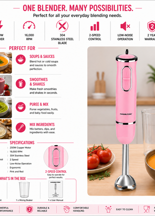 Hamilton Hand Blender 250W 16000RPM 2-Speed Low Noise HT039 | Al Shabib Qatar