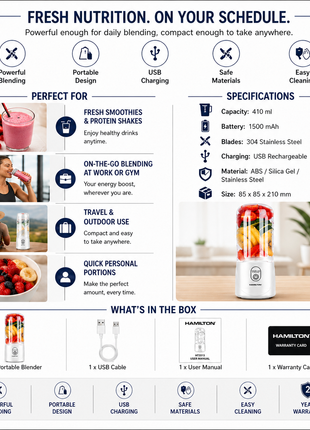 Hamilton Rechargeable Portable Blender 410ml 1500mAh HT3313 | Al Shabib Qatar
