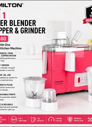 Hamilton Juicer Blender Chopper & Grinder 4 in 1 750W 1.8L HT3380 | Al Shabib Qatar