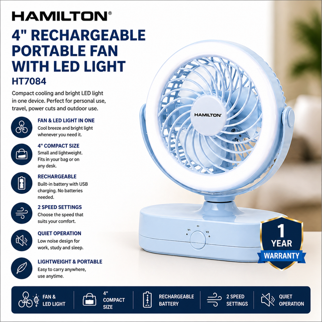 Hamilton Rechargeable Portable Fan & LED Light 4" HT7084 | Al Shabib Qatar