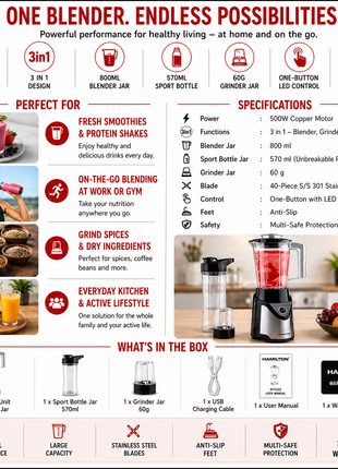 Hamilton Blender 3 in 1 500W 800ml Sport Bottle Grinder Jar HT3332 | Al Shabib Qatar