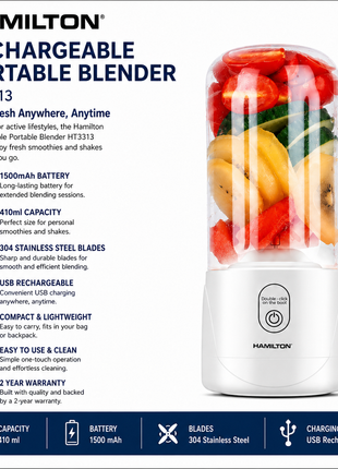 Hamilton Rechargeable Portable Blender 410ml 1500mAh HT3313 | Al Shabib Qatar
