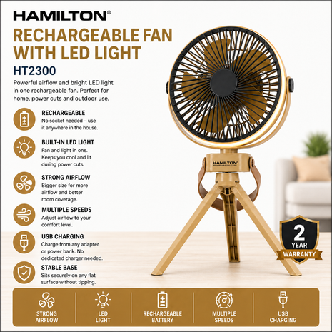Hamilton rechargeable fan with LED light on a white background