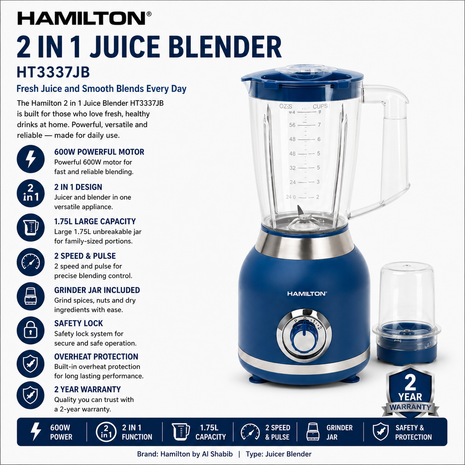 Hamilton Juicer Blender 2 in 1 600W 1.75L Grinder Jar HT3337JB | Al Shabib Qatar
