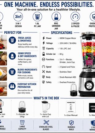 Hamilton Blender Grinder & Juice Cup 3 in 1 600W 1.8L Copper Motor HT3348BR | Al Shabib Qatar