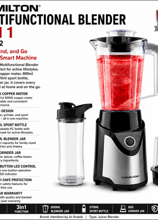 Hamilton Blender 3 in 1 500W 800ml Sport Bottle Grinder Jar HT3332 | Al Shabib Qatar