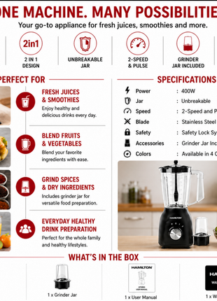 Hamilton Juicer Blender 2 in 1 400W Unbreakable Jar Grinder HT3303 | Al Shabib Qatar